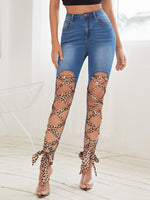 
              Denim  Leopard Lace Up Front Skinny Jeans
            