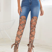 Denim  Leopard Lace Up Front Skinny Jeans